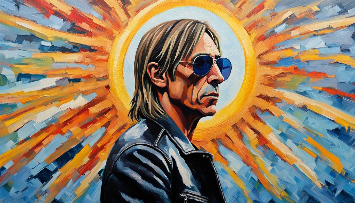 20ish singer iggy pop, wearing black leather jacket, blue je...