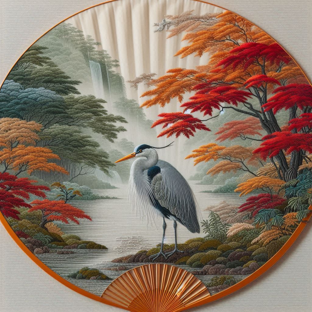 Embroidered Heron Fan