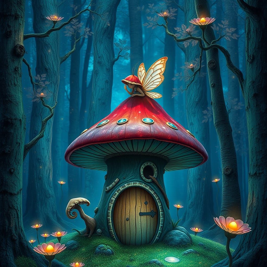 Whimsical Fairy on a Bioluminescent Mushroom House