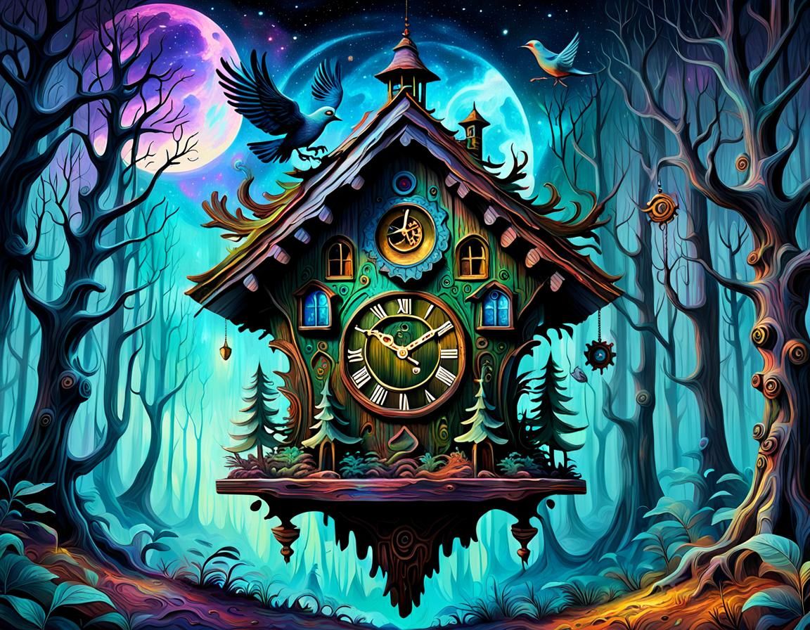 a cuckoo clock like a giant house in gloomy forest 8k resolution holographic astral cosmic illustration ...  by @Andreia