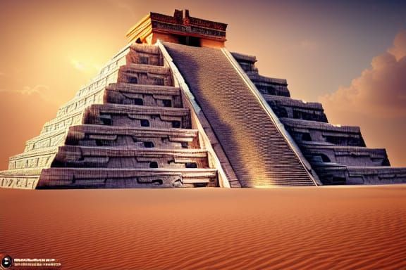 Mayan mega-pyramid ornate temple in the Sahara desert, 8k re...