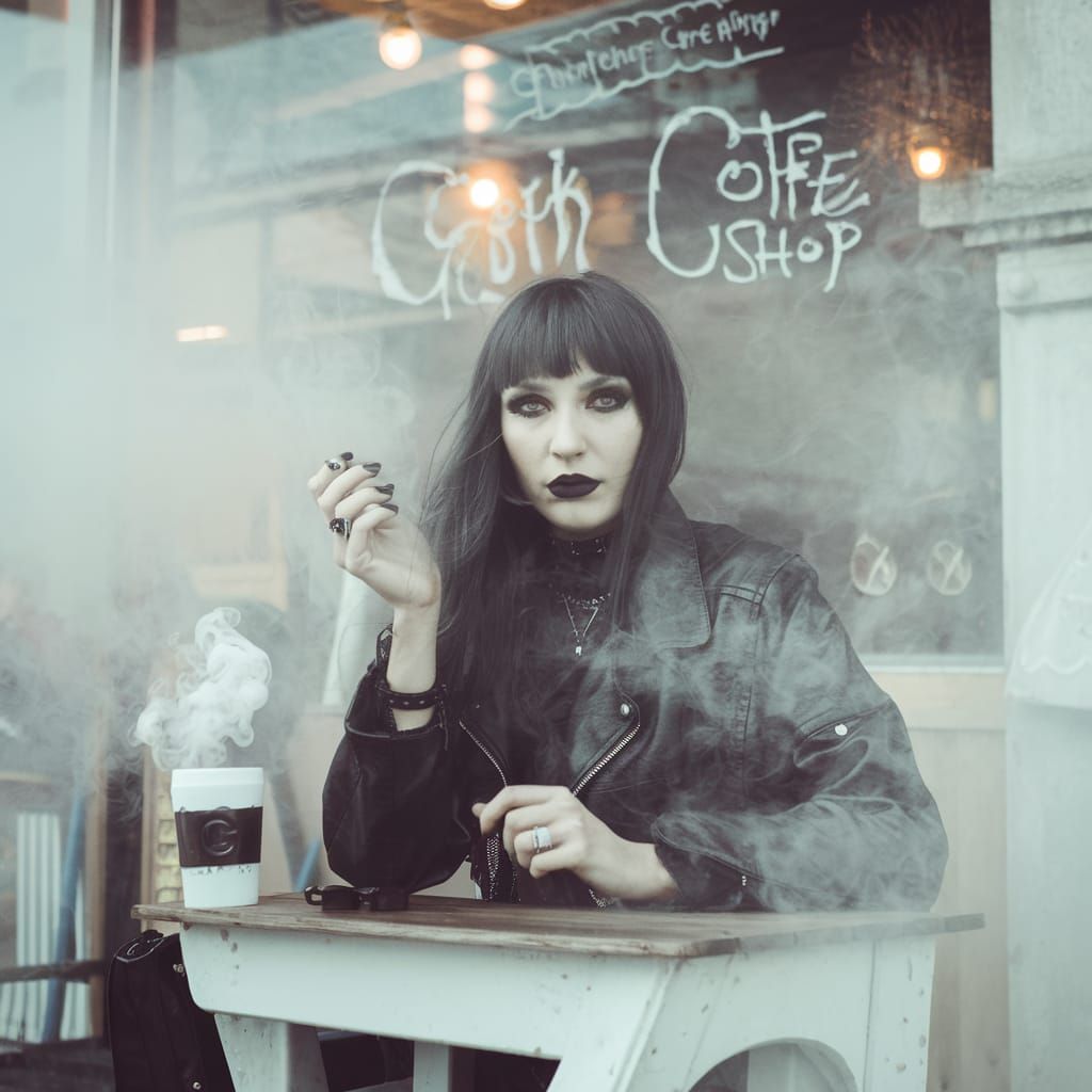 fog. smoke. goth fashion model. goth coffee shop.