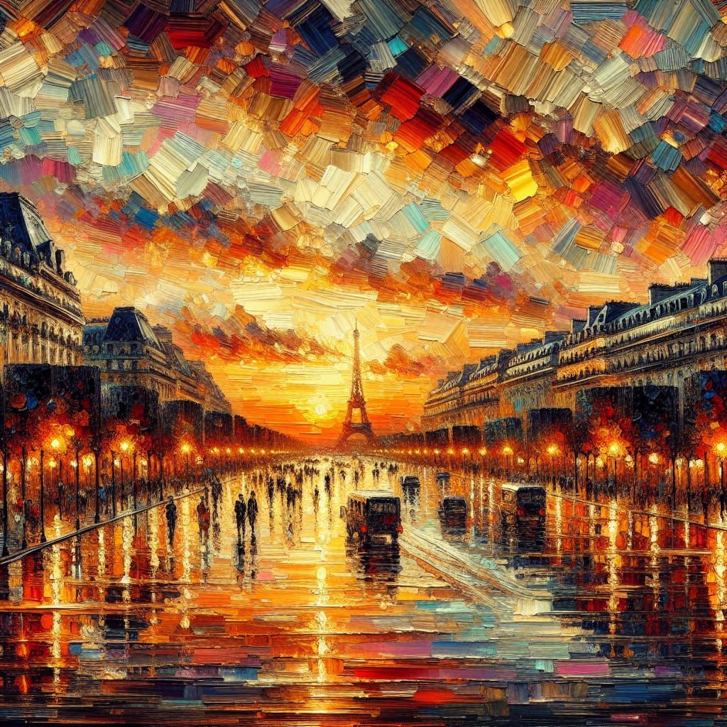 A beautiful tableau of the Champs d'Elysee at sunset in Pati...