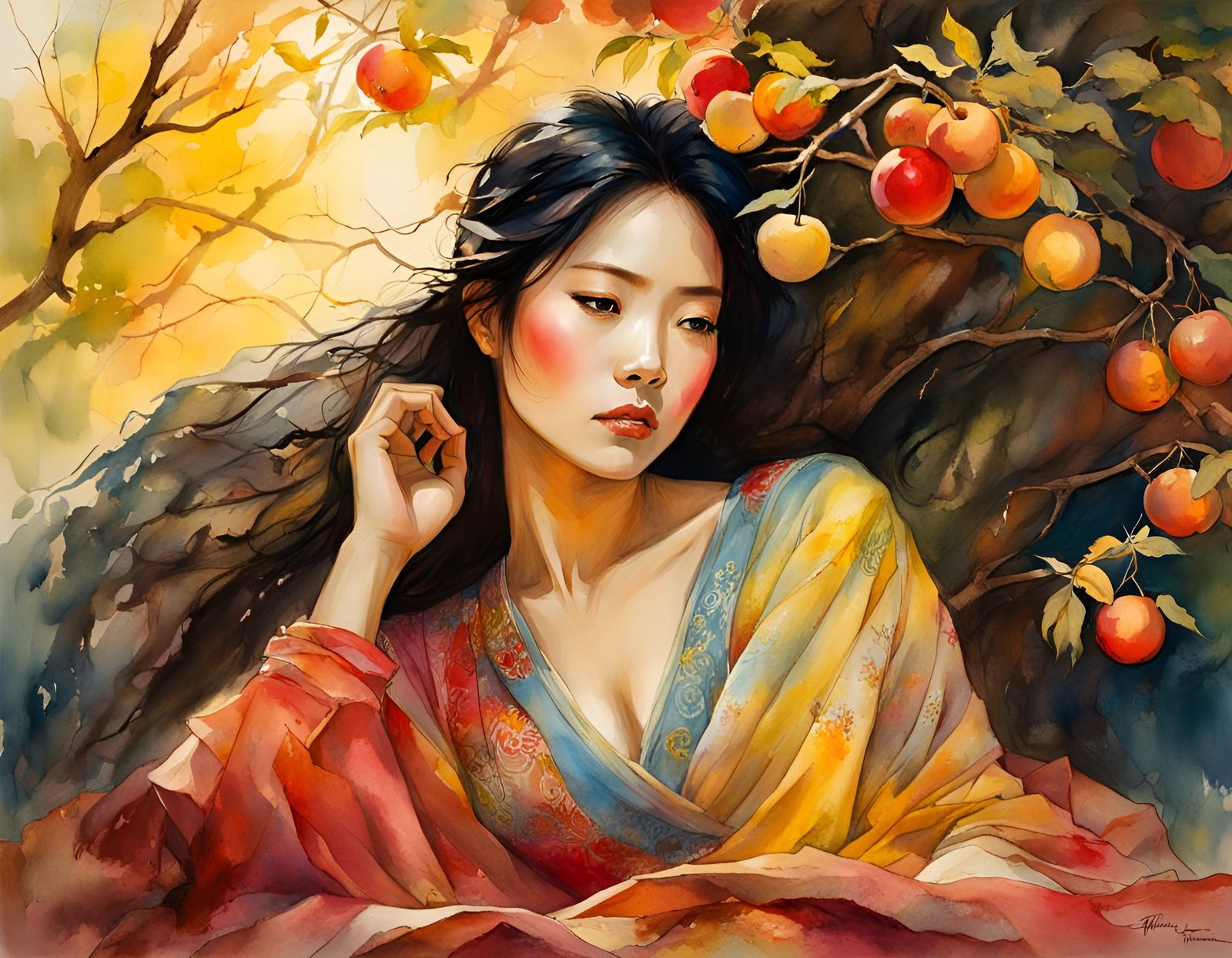 A beautiful Asian woman, perfect in every way on a blanket u...