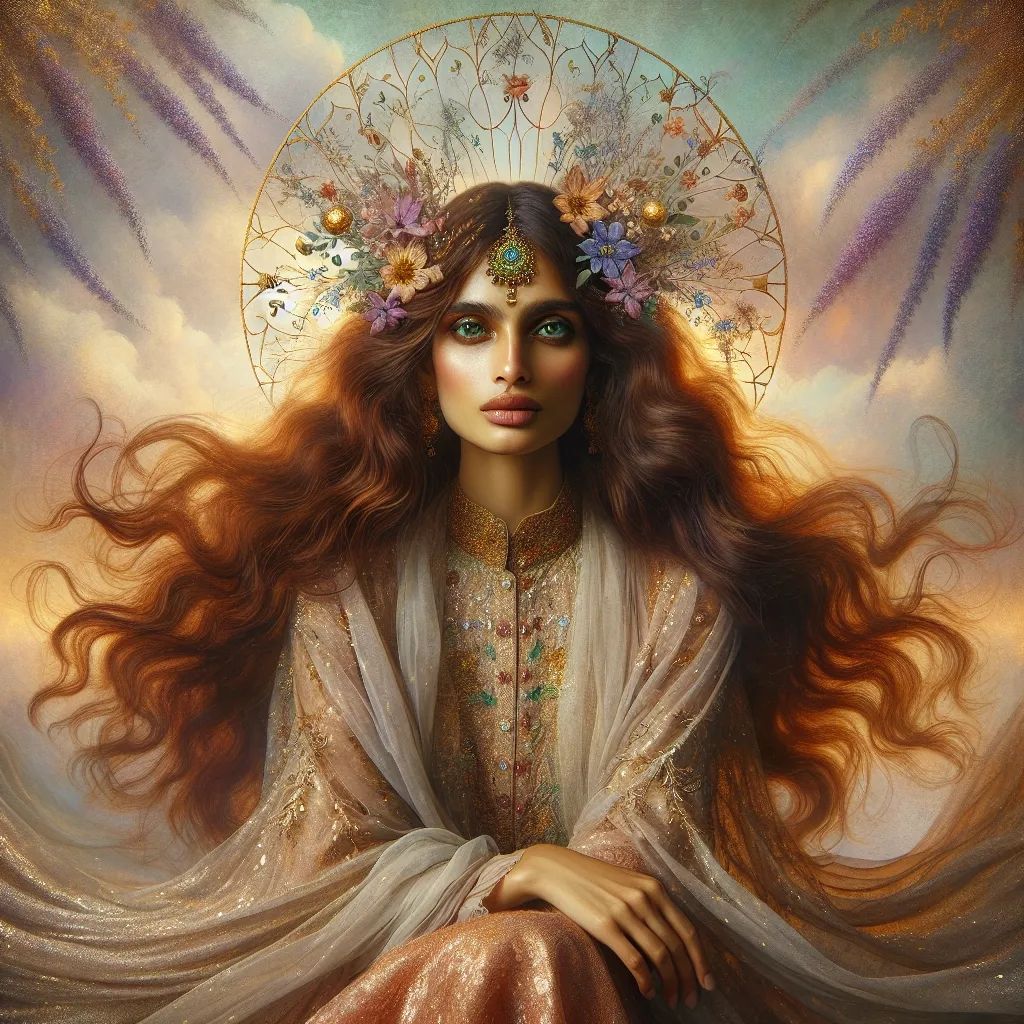 A captivating portrait of a mystical woman with flowing hair adorned with flowers and shimmering jewels