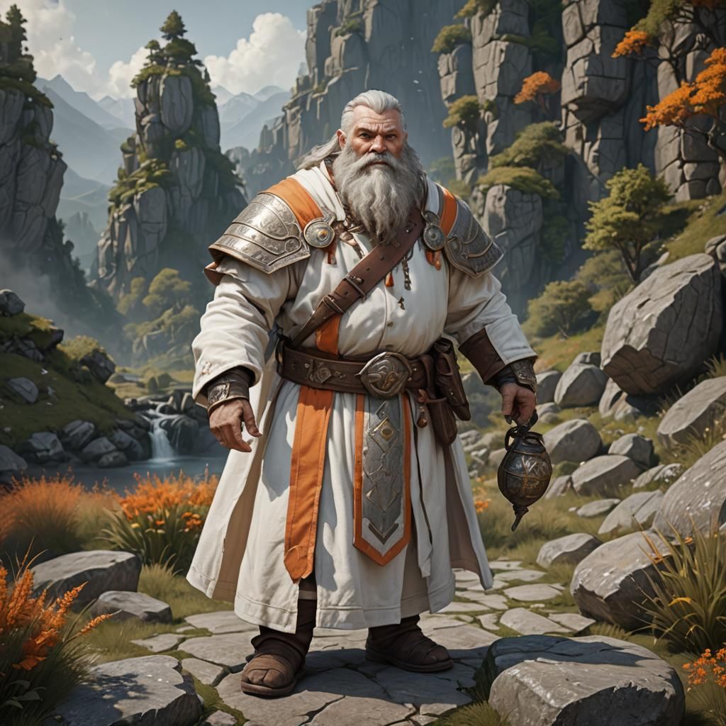 One dwarven cleric with white Hear and beard with troddels, wearing a ...