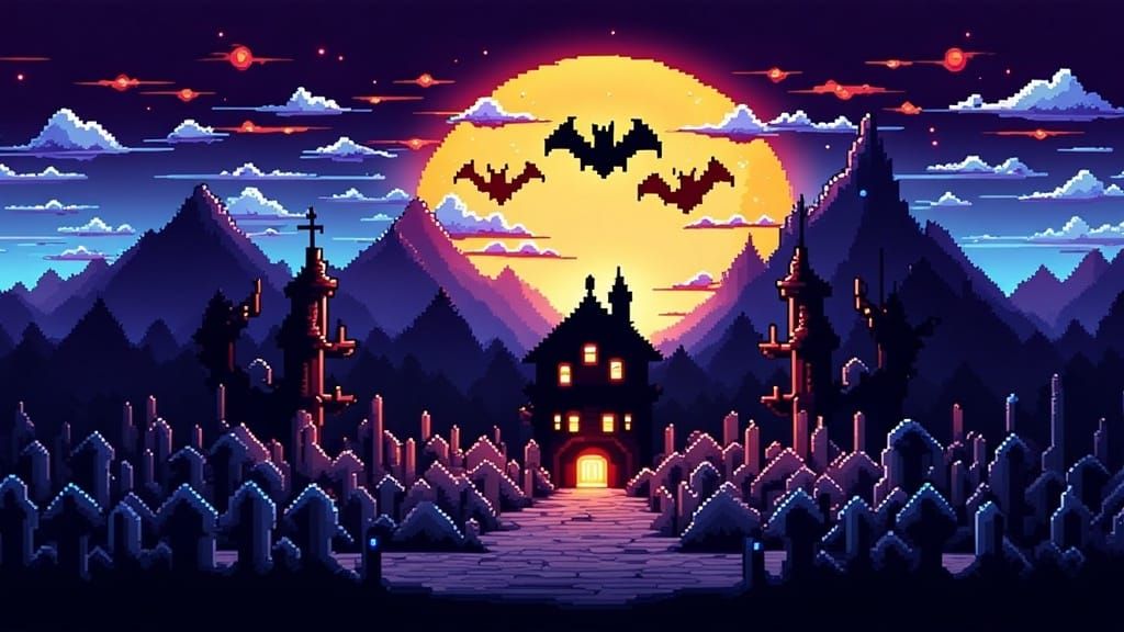 <lora:Bit Code Breaker:1.0> Pixel art, 8 bit, haunted graveyard, bats