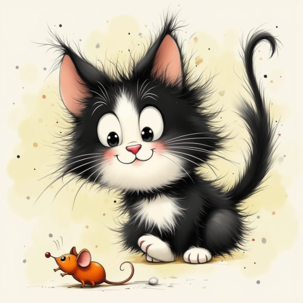 Black Cat Chasing Toy Mouse in Cartoon Style