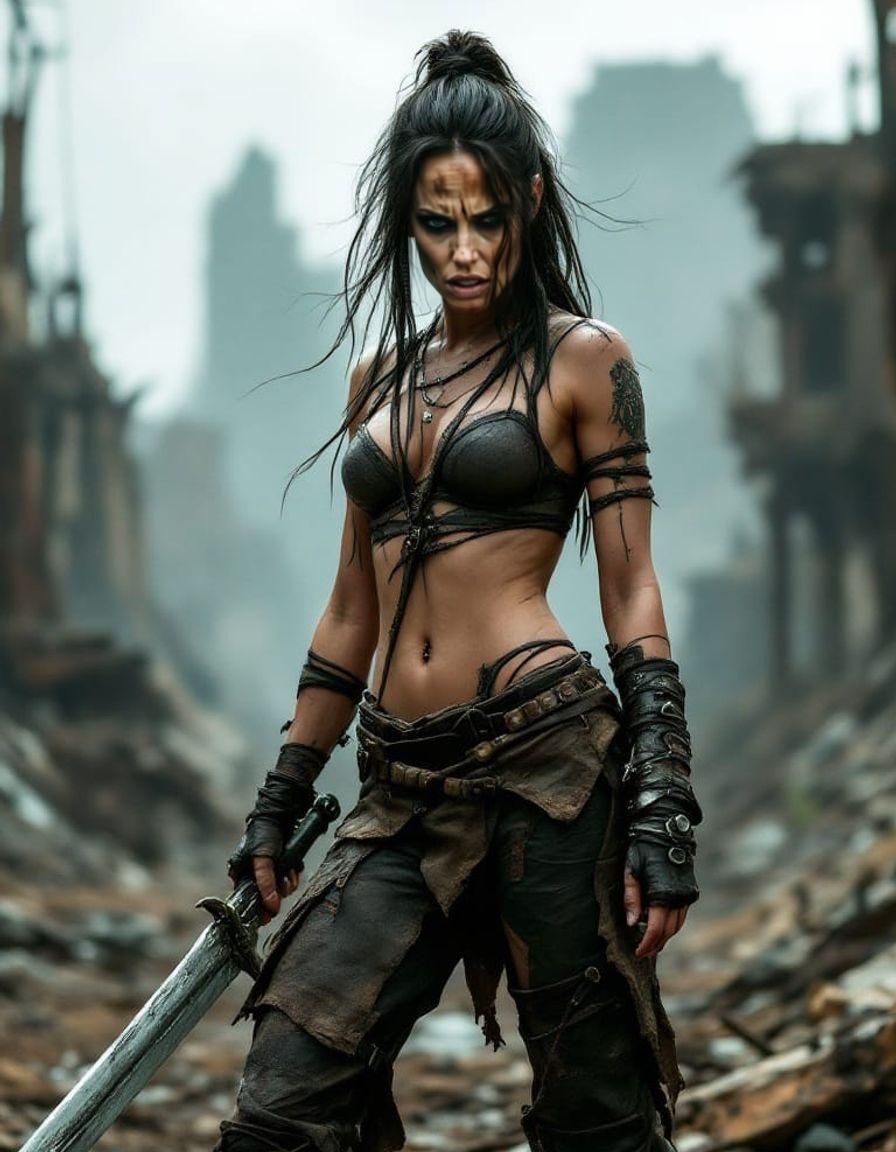A beautiful female barbarian resembling Angelina Jolie, standing aggressively, wearing Worn faded leather pants and top, holding a sword, In...