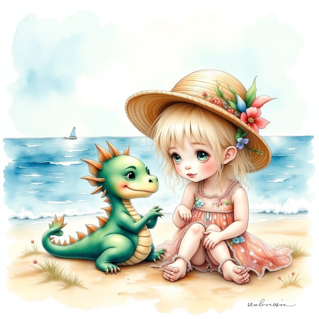 <lora:Cute Vintage flux:1.0> Ink and watercolour. Adorable little girl with her pet dragon they are on the beach together. Cute adorable swe...