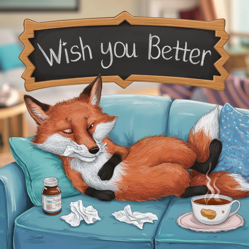 A fox feeling unwell and sneezing, tissues and medicine, text saying ...