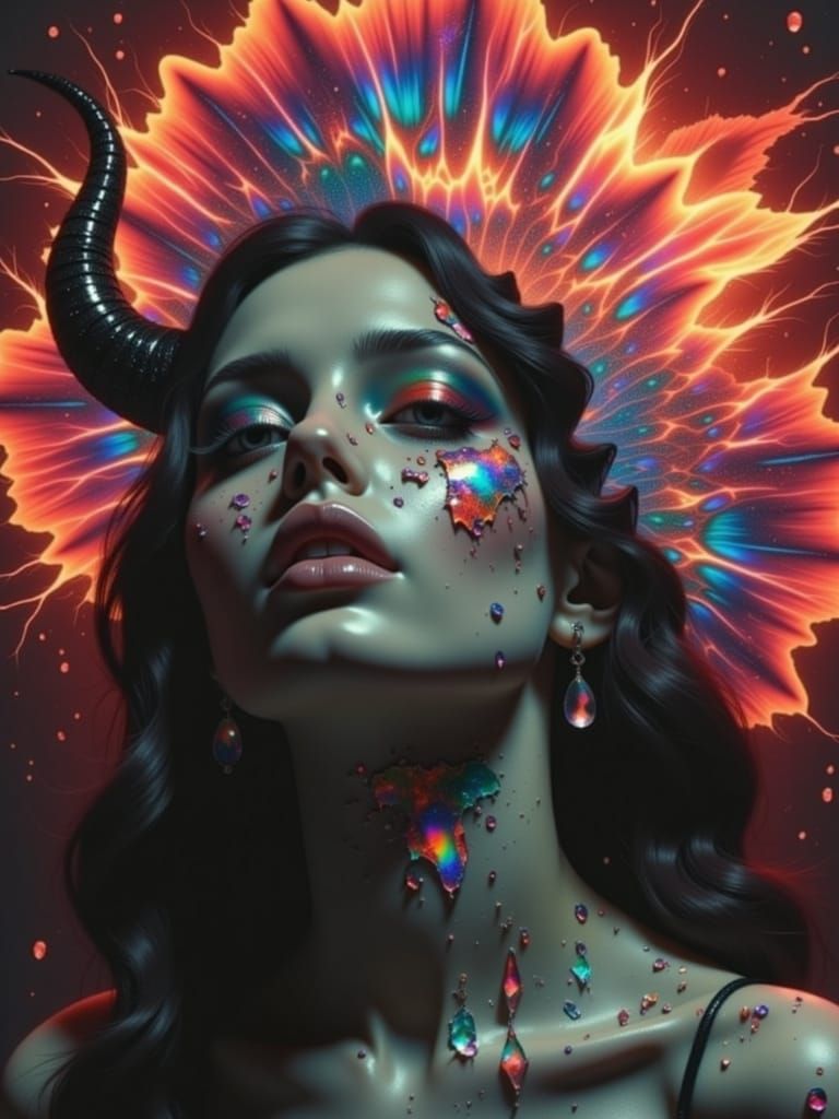 Celestial Being with Iridescent Horns and Glowing Aurora