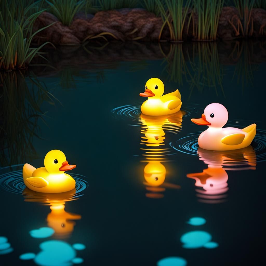 Glowing ducks in a pond