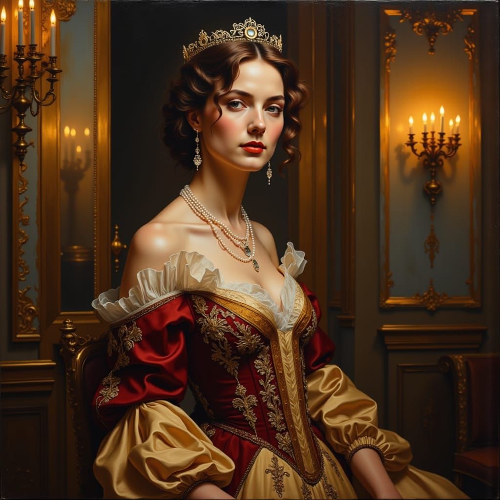 Elegant Woman in Gown in Candlelit Palace