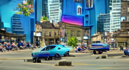 Blue Chevy Nova sitting downtown in the middle of the afternoon 8K 3D colourful