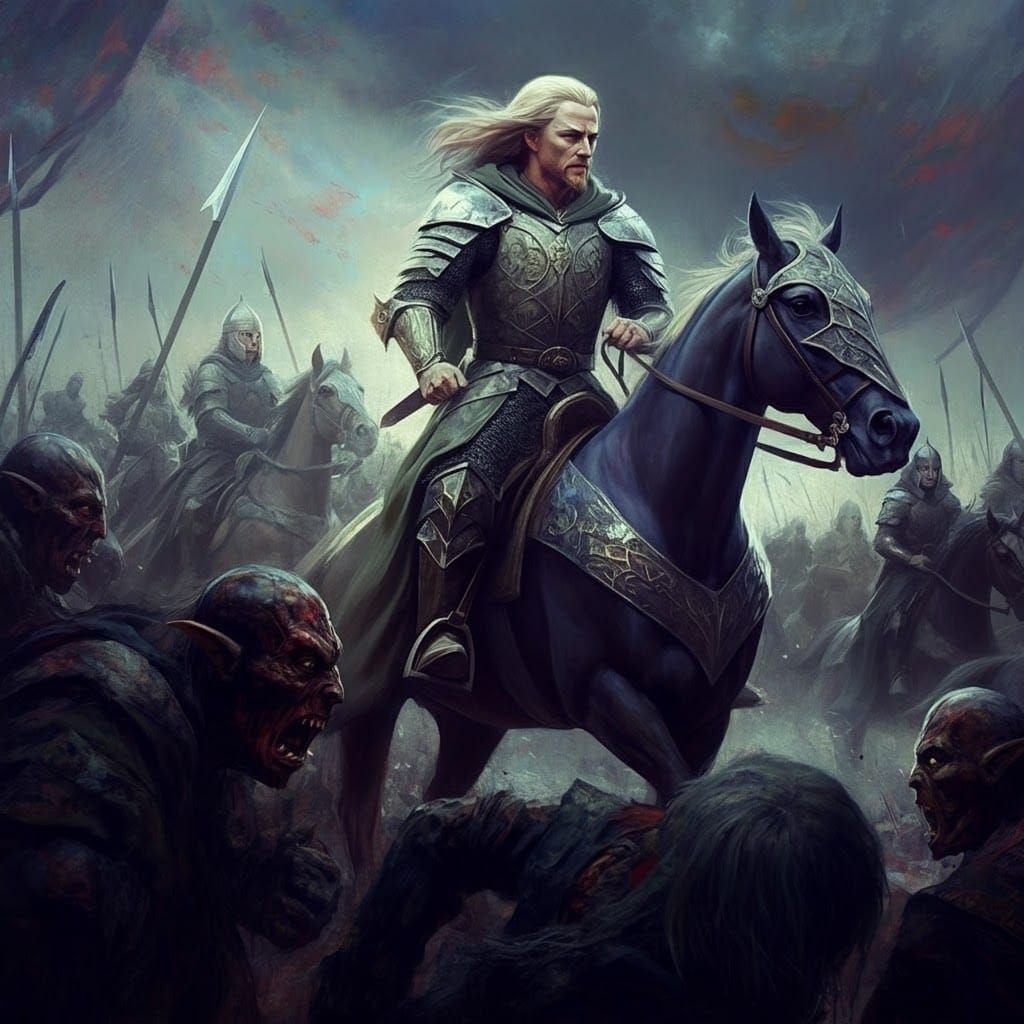 Eomer and his riders charge the group of orcs and uruk-hai.