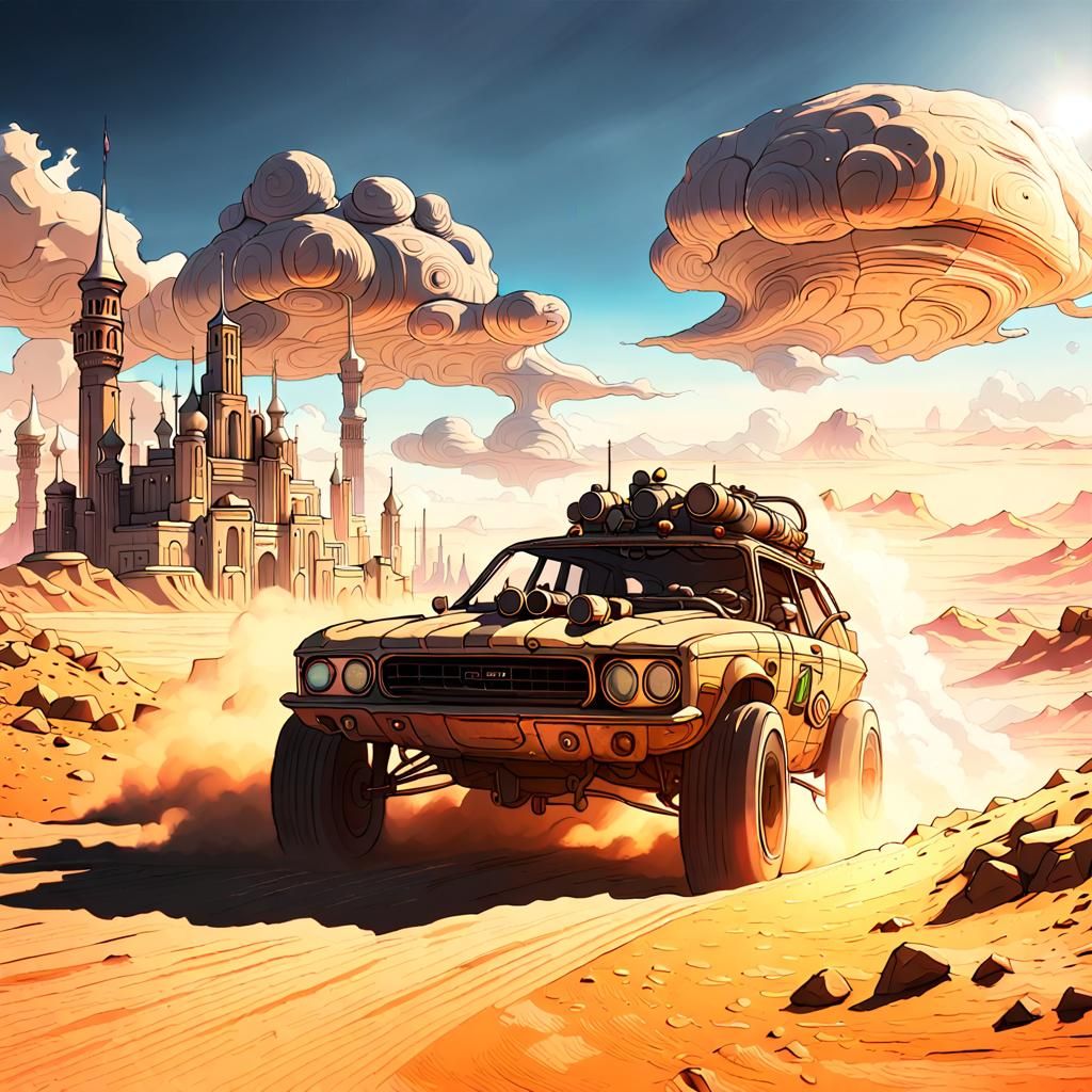 A huge and vibrant city on wheels, racing across a desert landscape, sending huge clouds of dust skyward, a masterpiece,...
