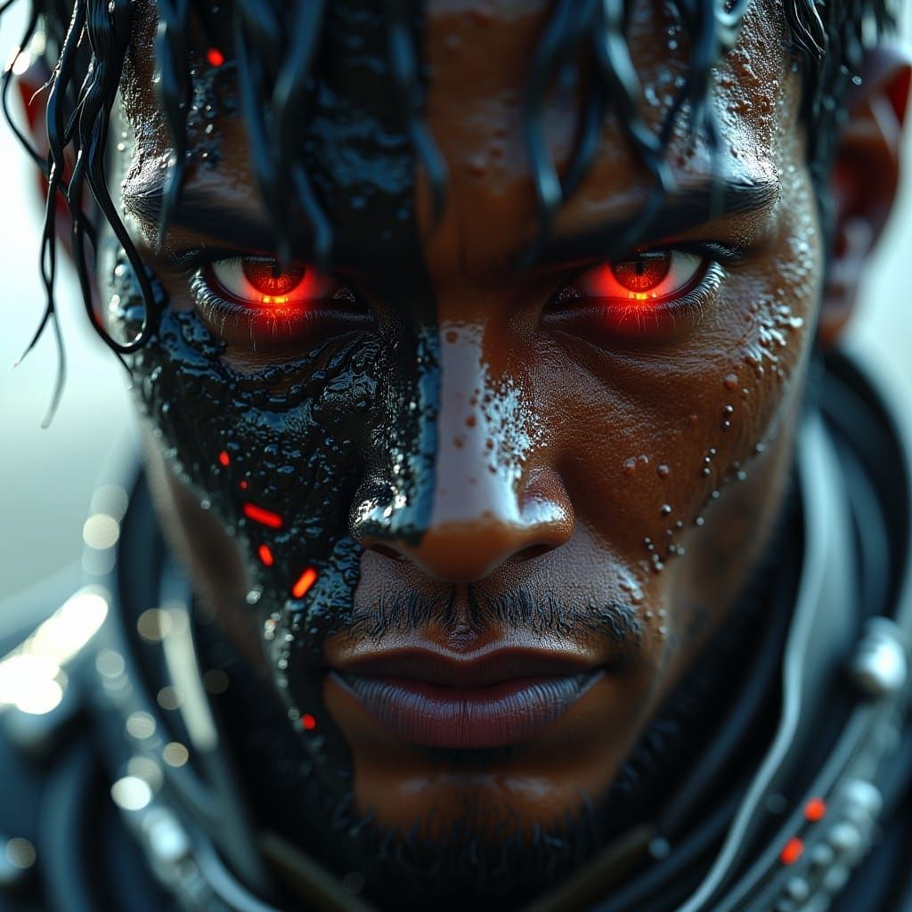 <lora:MJ6 CinematicFlux:1.0> A close-up of an African American male cyborg with wet skin and red lights in his eyes, looking at the camera....