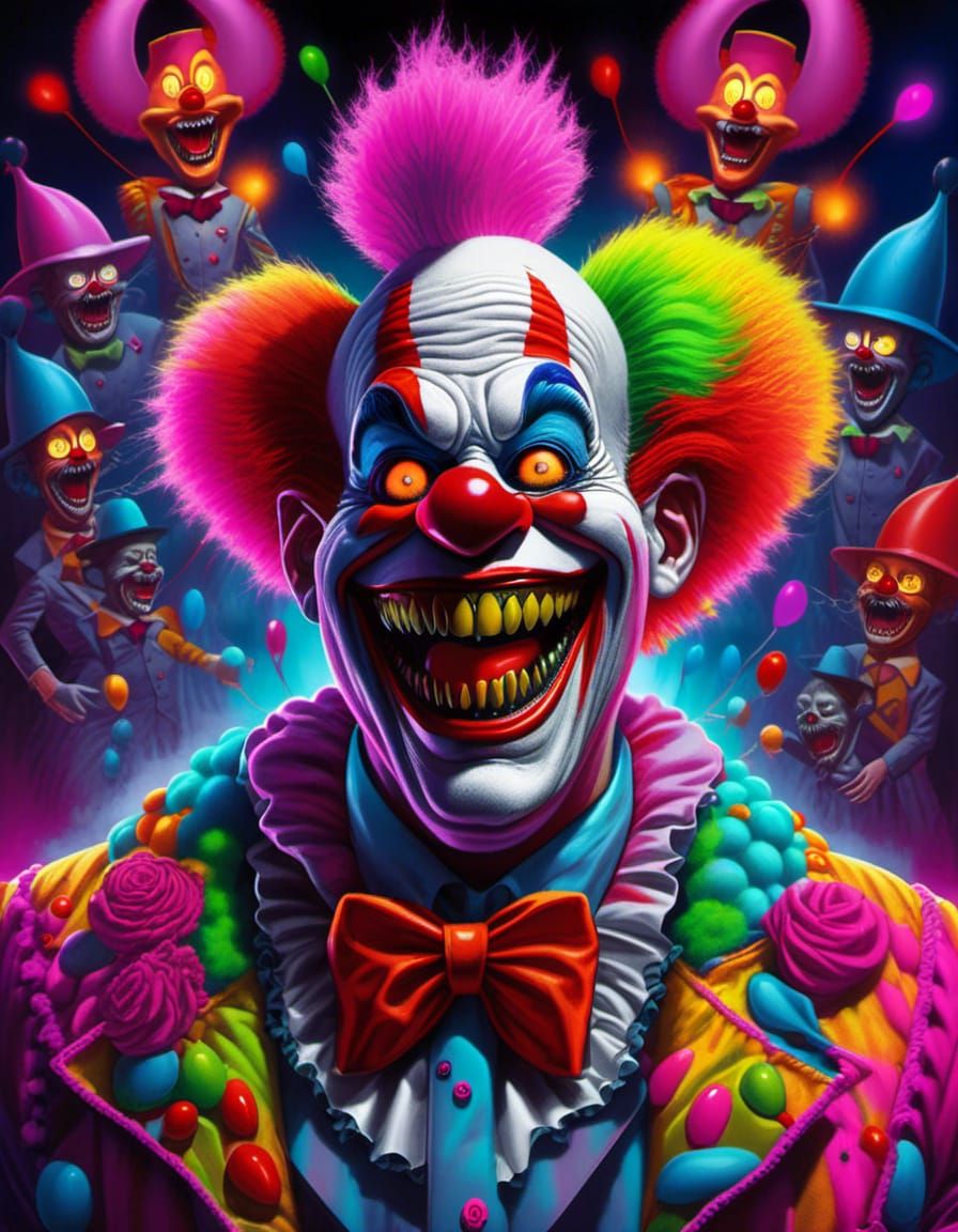 Forces of Evil in a Bozo Nightmare., colorful, rough neon, cartoonishly evil, Bright , sharp, hyperdetailed, clown, Vibrant, Vivid, horror,...