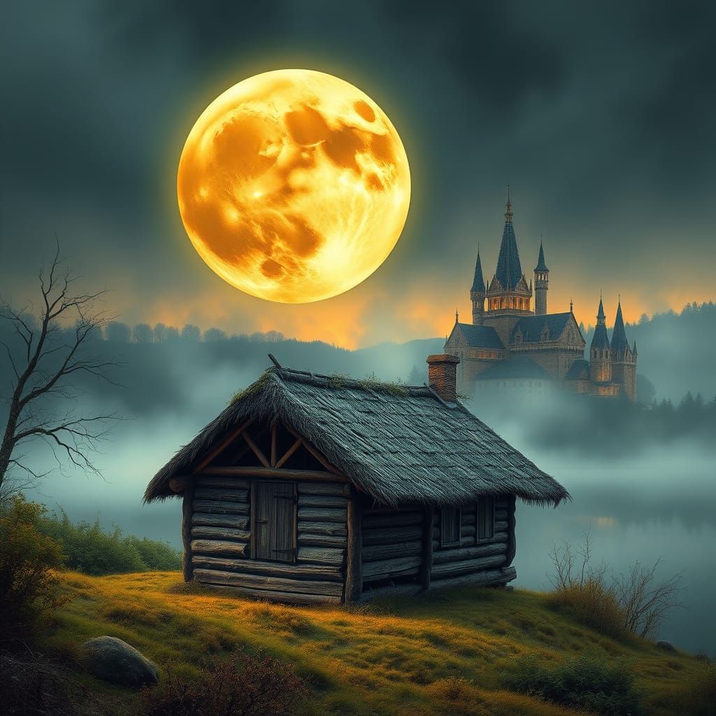 A colossal, burnished-gold moon, radiating ethereal light, hangs low over a tranquil lake, its surface mirroring the celestial luminescence;...