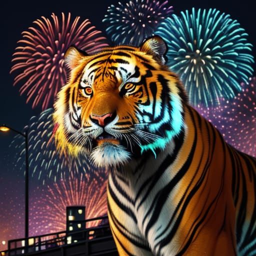 Tiger in Neon City with Fireworks