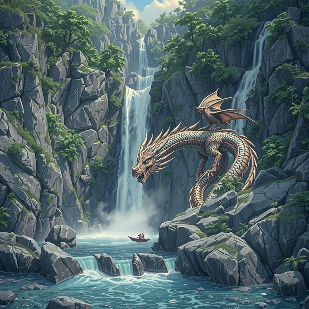 Dragon falls a masterpiece, 8k resolution, dark fantasy concept art, by Greg Rutkowski, dynamic lighting, hyperdetailed, intricately detaile...