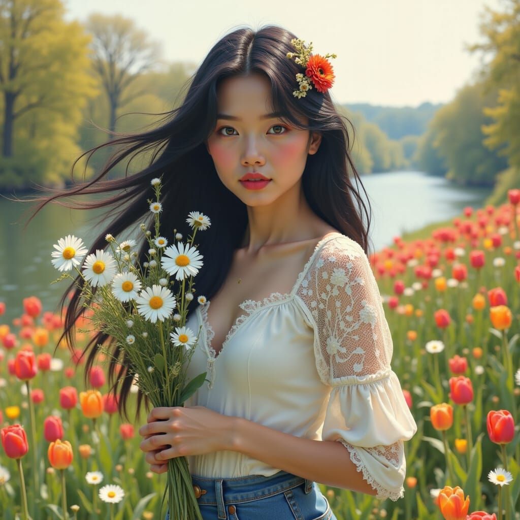 <lora:Juggernaut Art  Flux:1.0> stunning young woman with flowing fiery white and black hair stands in a vibrant spring meadow, holding a bo...