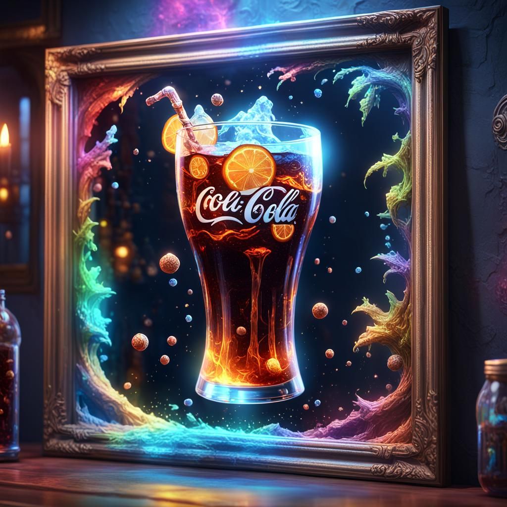 Dynamic view of a holographic magical cola, detailed frame, ...
