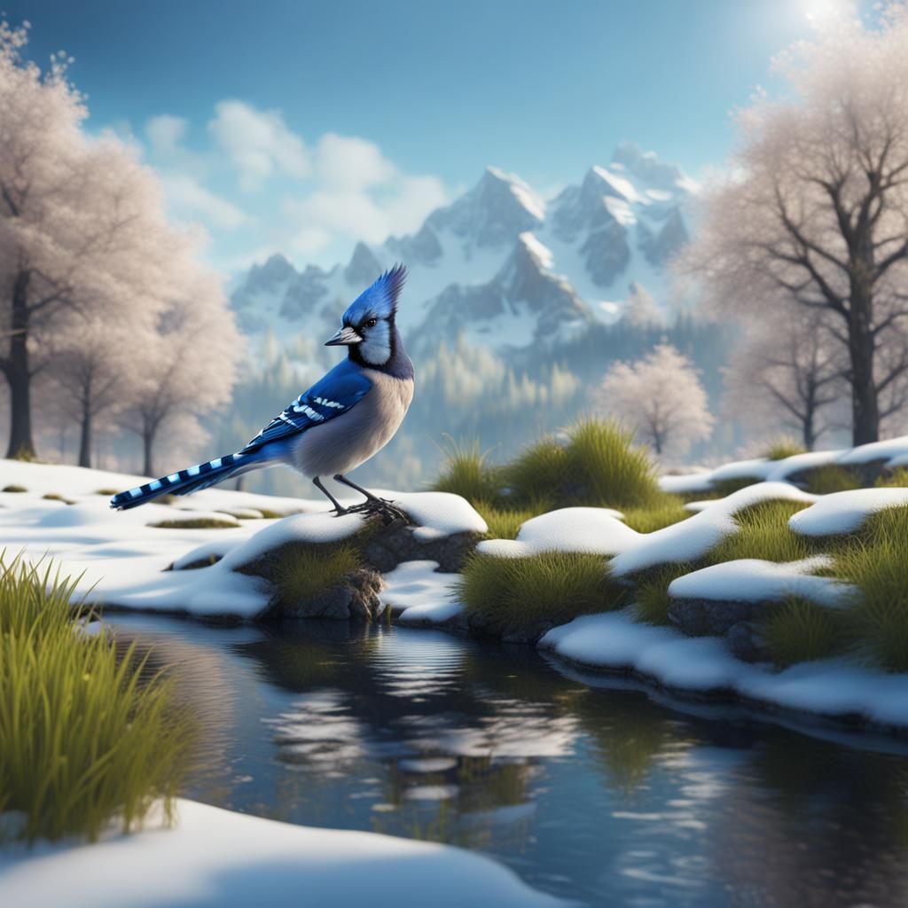 Snow melting away in early spring, green grass showing through, one small blue jay bird standing close ...  by @Solidsmud