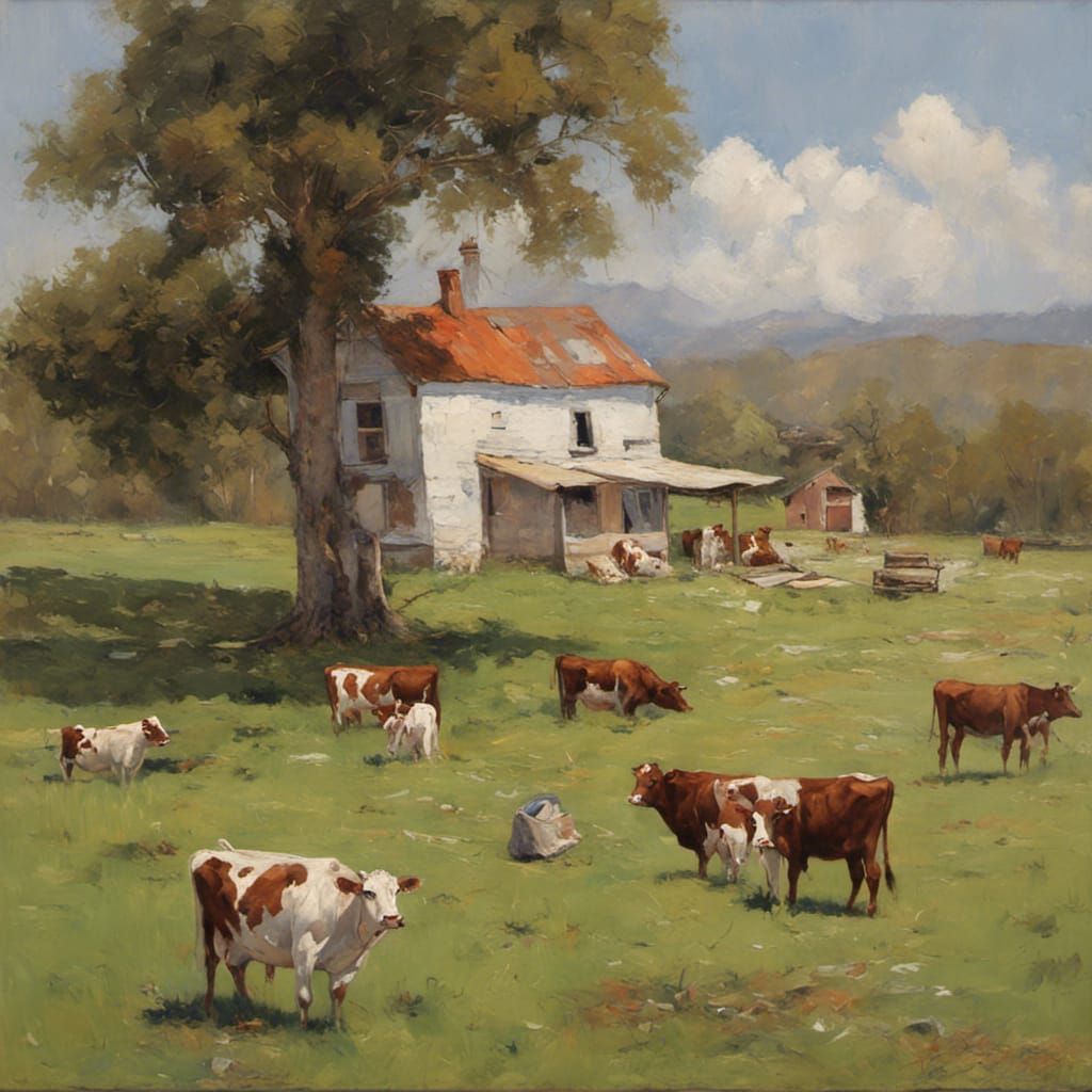 A farmhouse filled with cows