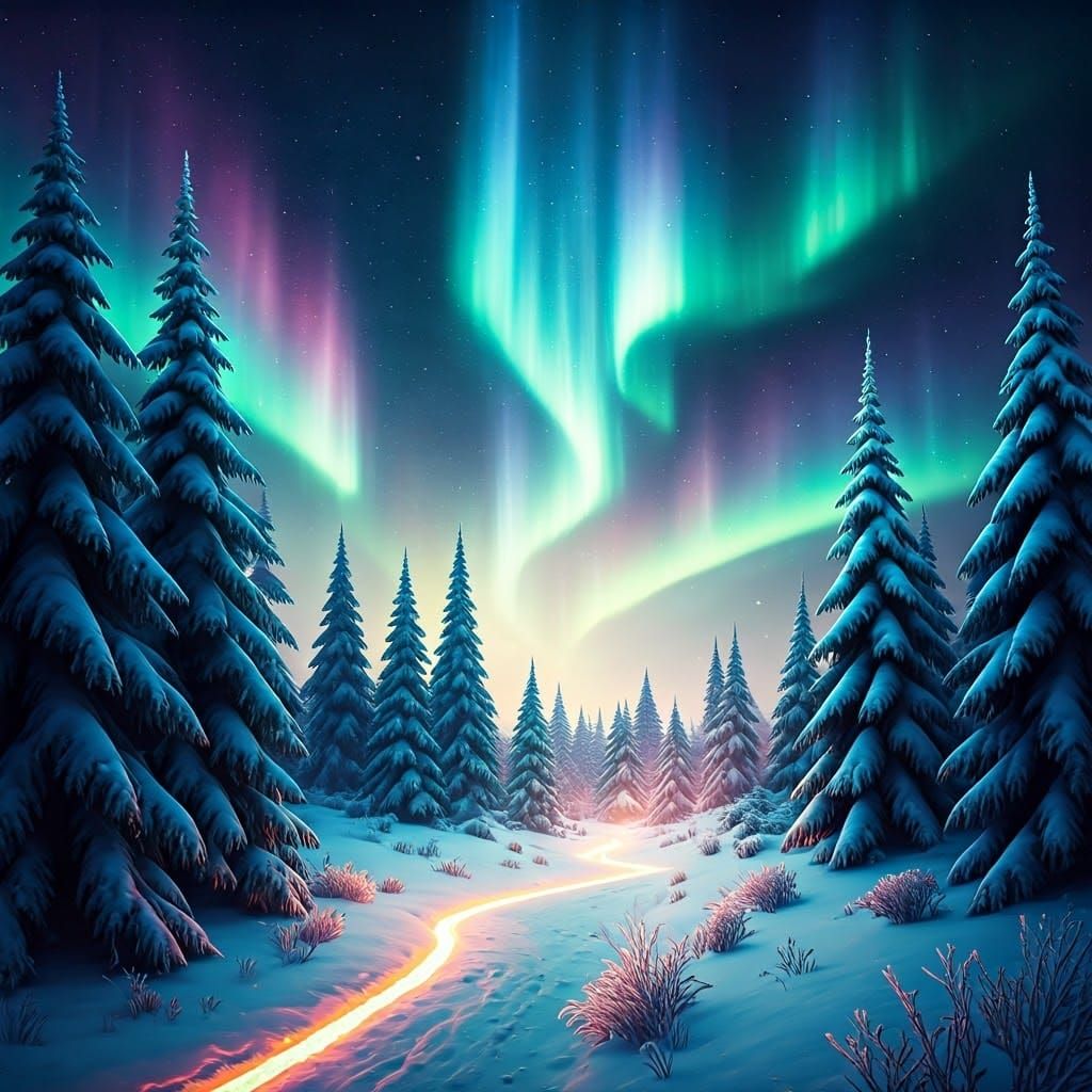 Enchanted Winter Wonderland under Celestial Skies with Swirl...