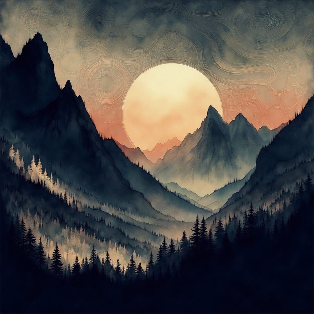 In the hush between peaks and dusk, the sun bled softly into silence as if the mountains_023
