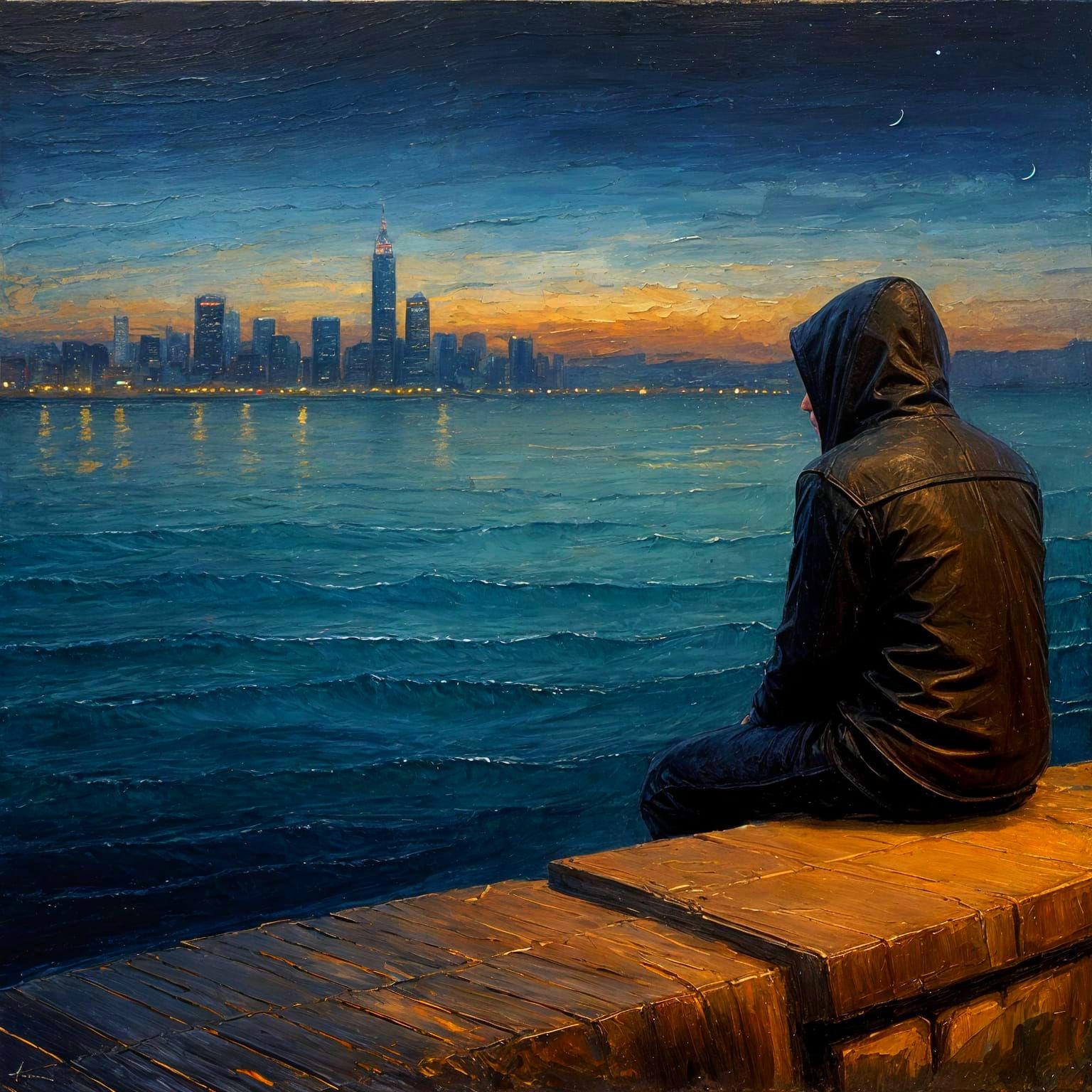 Man Contemplating City Skyline at Dusk Oil Painting
