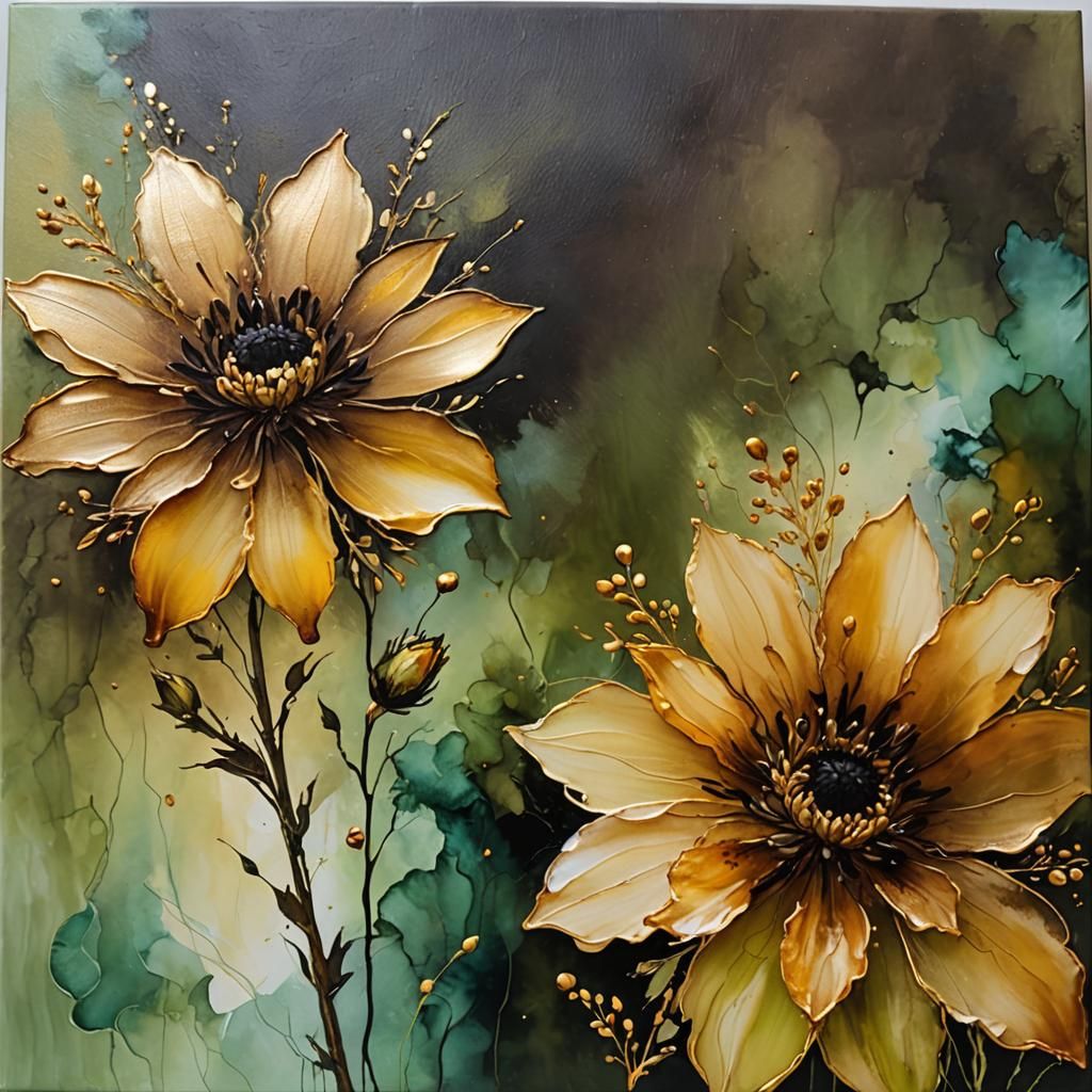 Flowers on oil canvas and alcohol ink , hues In creamy olive, brown gold, pastel colors  by @Omarito 