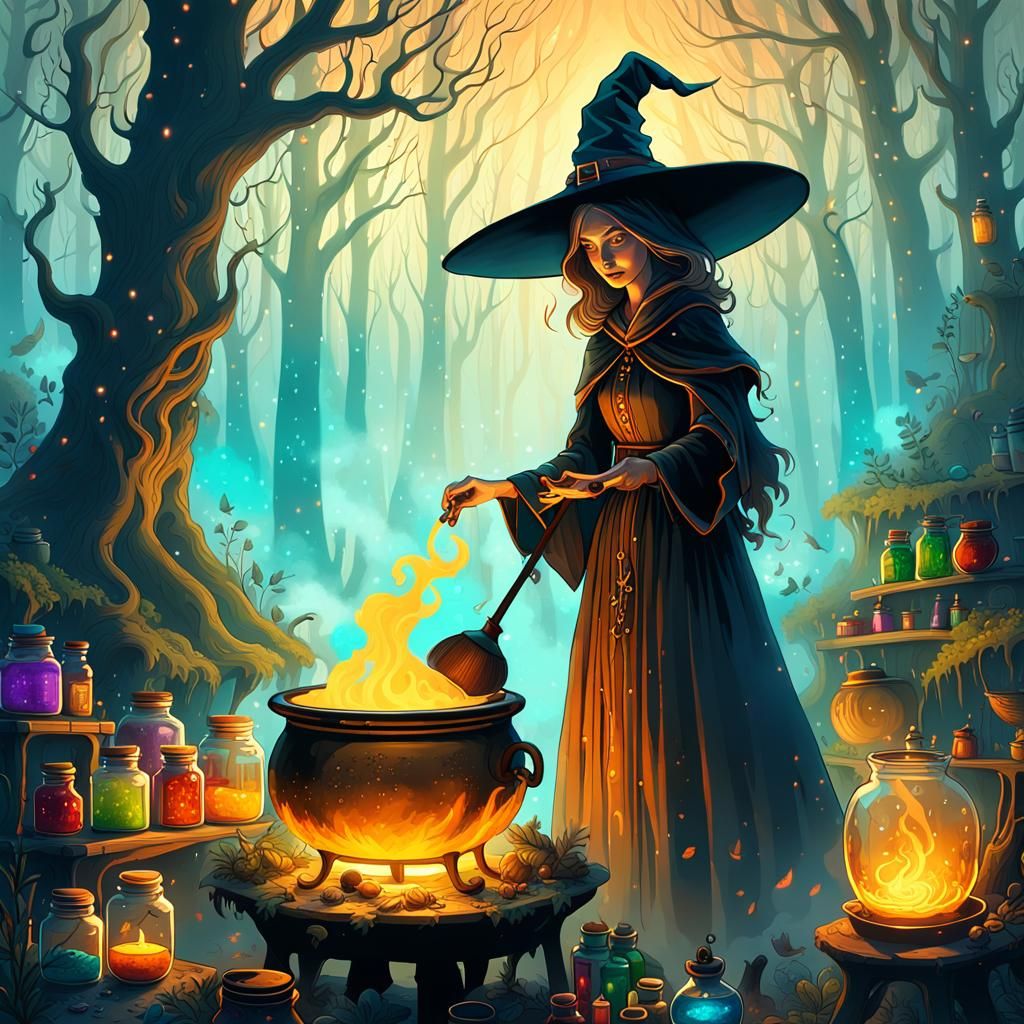 Ethereal Witch Brews Potion in Enchanted Forest