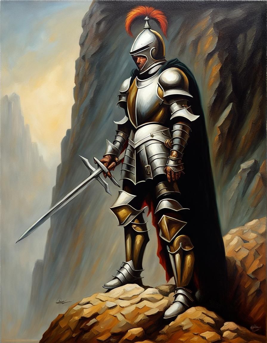 Knight in armour on rock