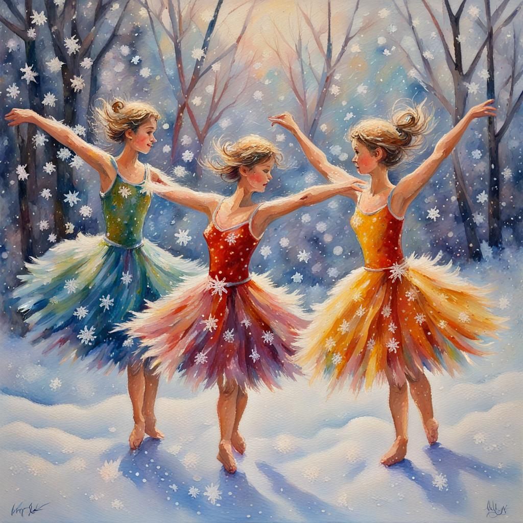 The fairies dance lightly in the snow falling