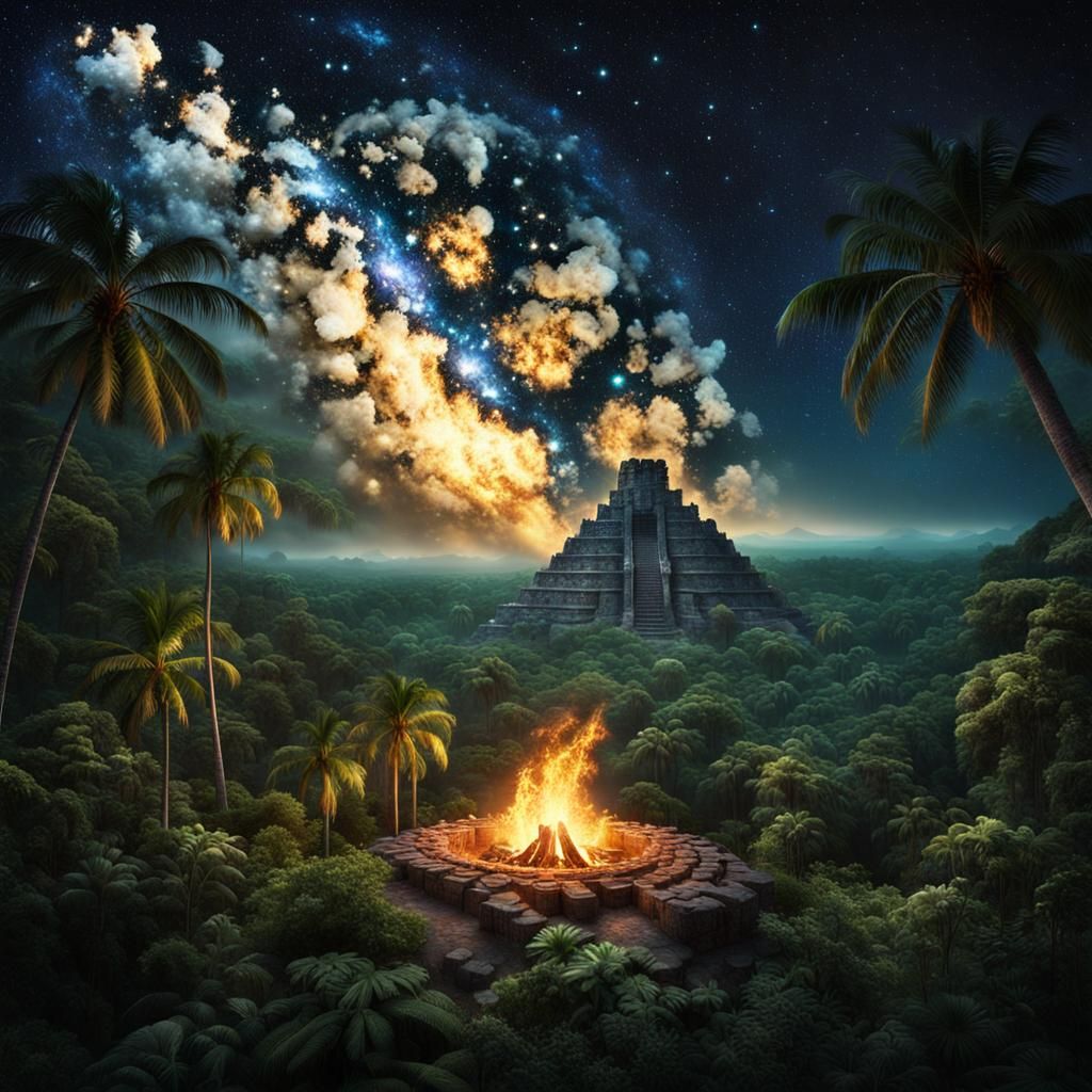 A crackling fire in an ancient Mayan rainforest under a sky bursting ...