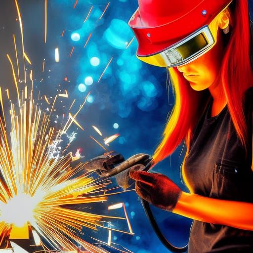 Red headed female welding with sparks flying in the backgrou...