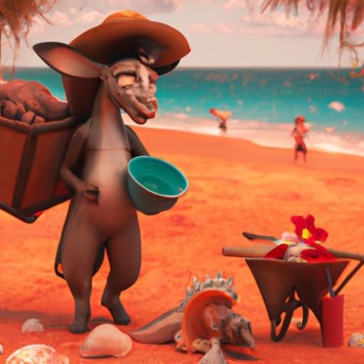 A donkey selling seashells at the beach on red sand