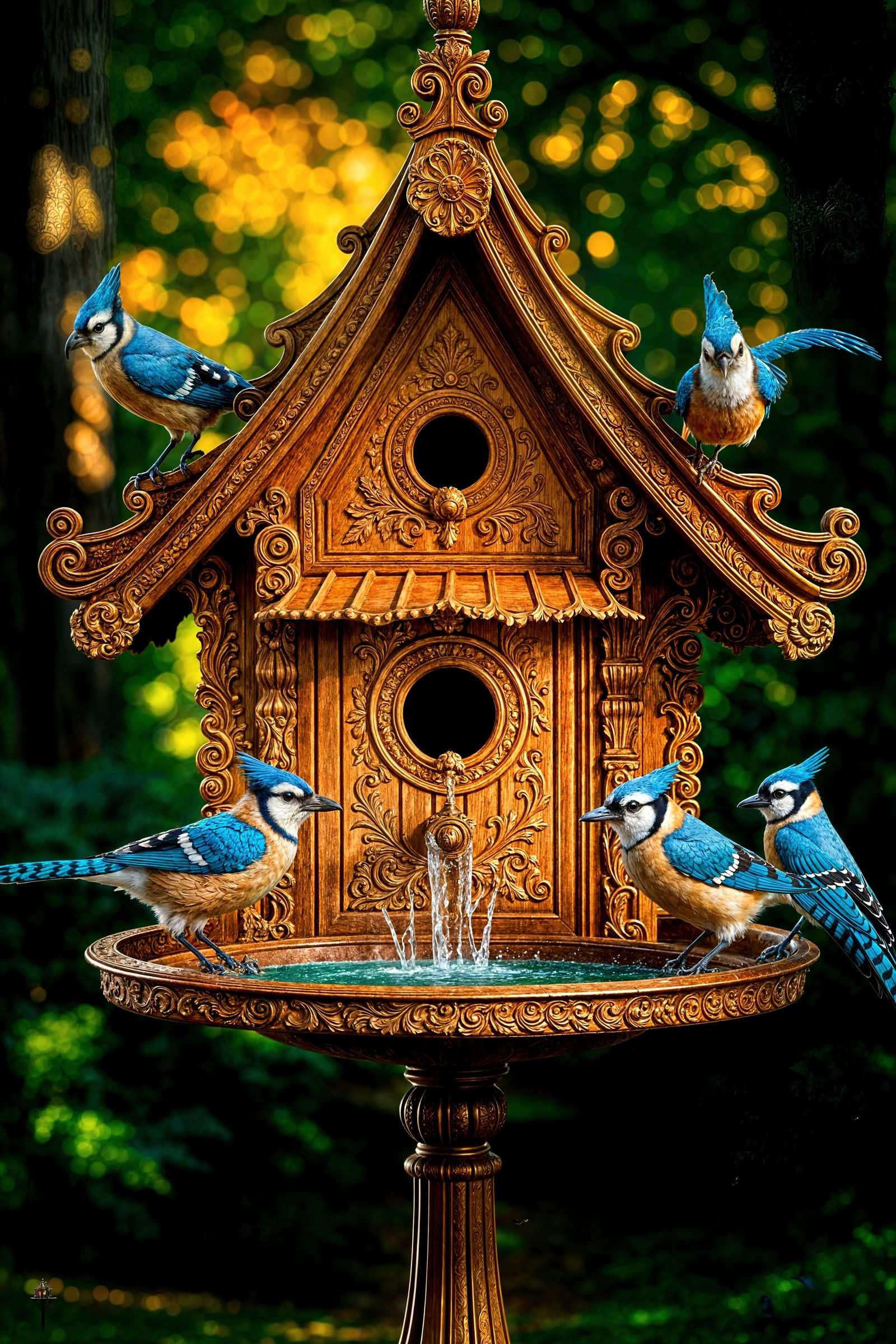  mansion-style birdhouse, with intricate carvings and burnished wood, stands tall against ...  by @Showy