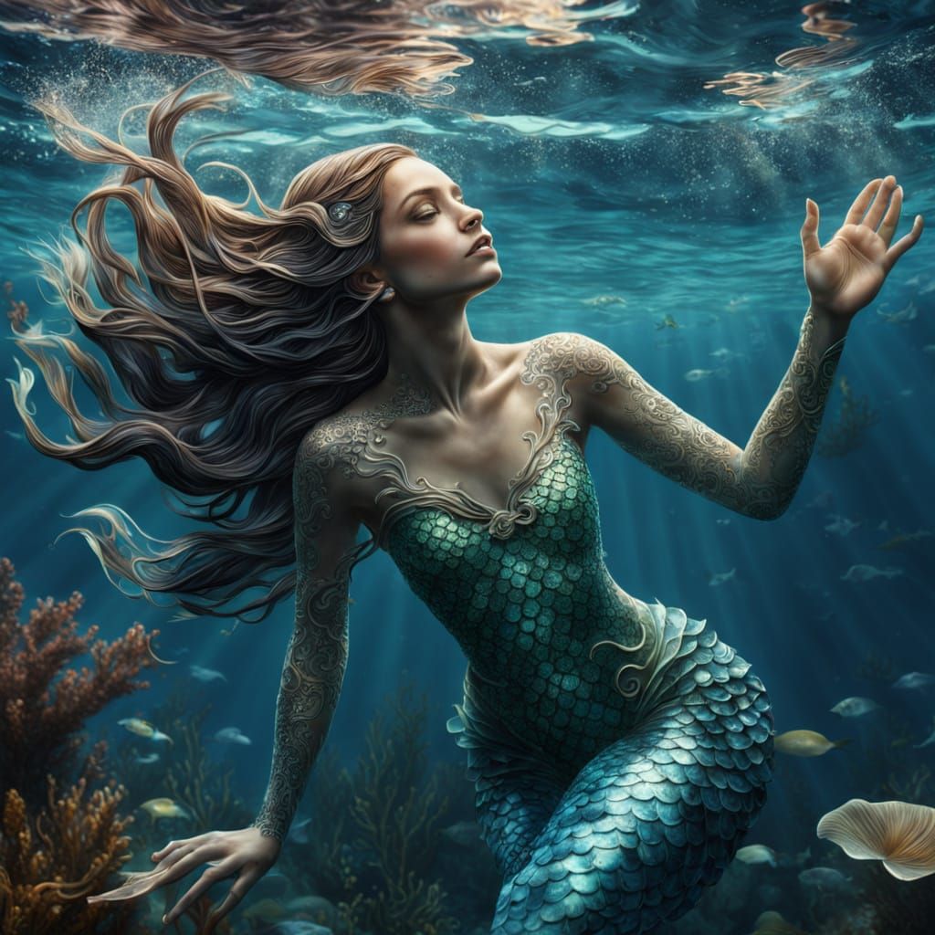 hyperrealistic, beautiful woman, mermaid, swimming under water, intricate details, detailed setting,