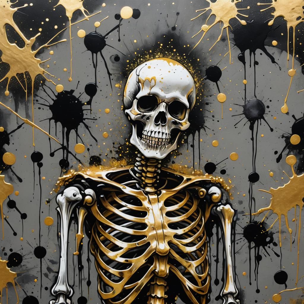 A skeleton with gold and black sparkles