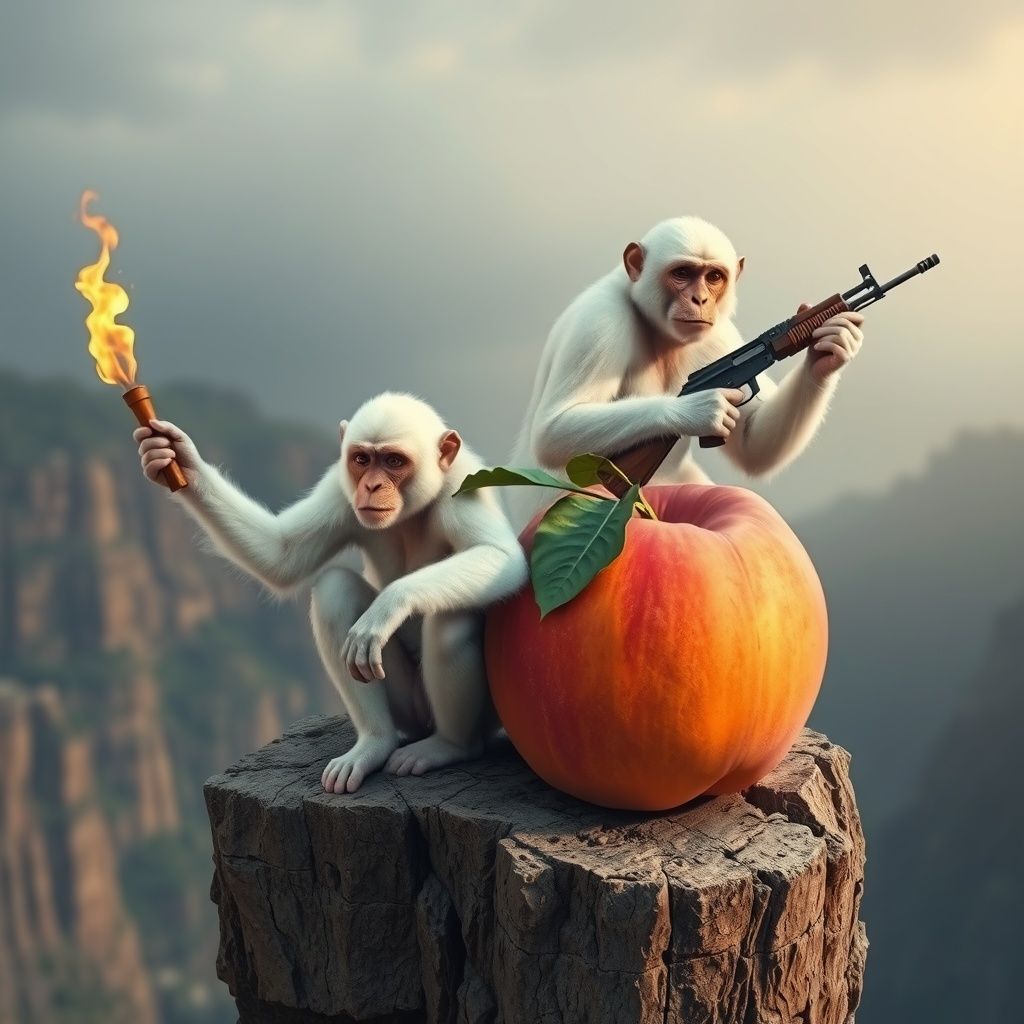 Two White Monkeys Protecting A Giant Peach