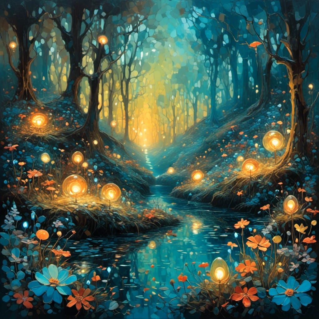 enchanted bioluminescent forest, fireflies in the bushes