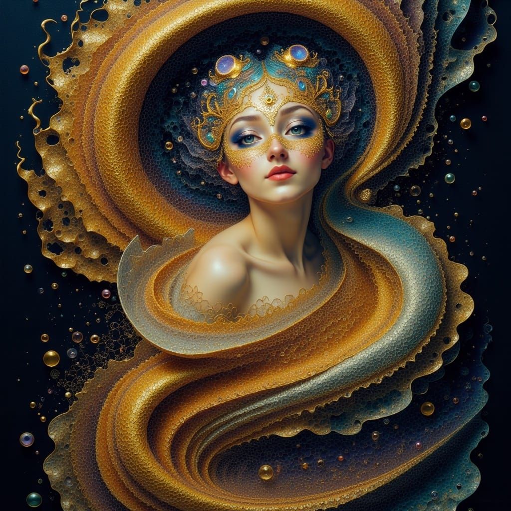 <lora:FS Turbulance:1.0> Within the darkly decorated honeycomb hinterland, splintered and refined, sequestered ruffles pleated within steamp...