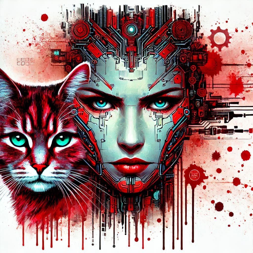 cyber Watercolor of angry Womans Face in Red with cat