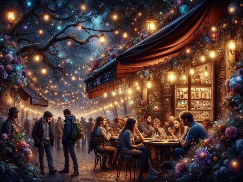  <lora:FiosMysticAura:1.0> A busy streetcafe at night in Paris. 