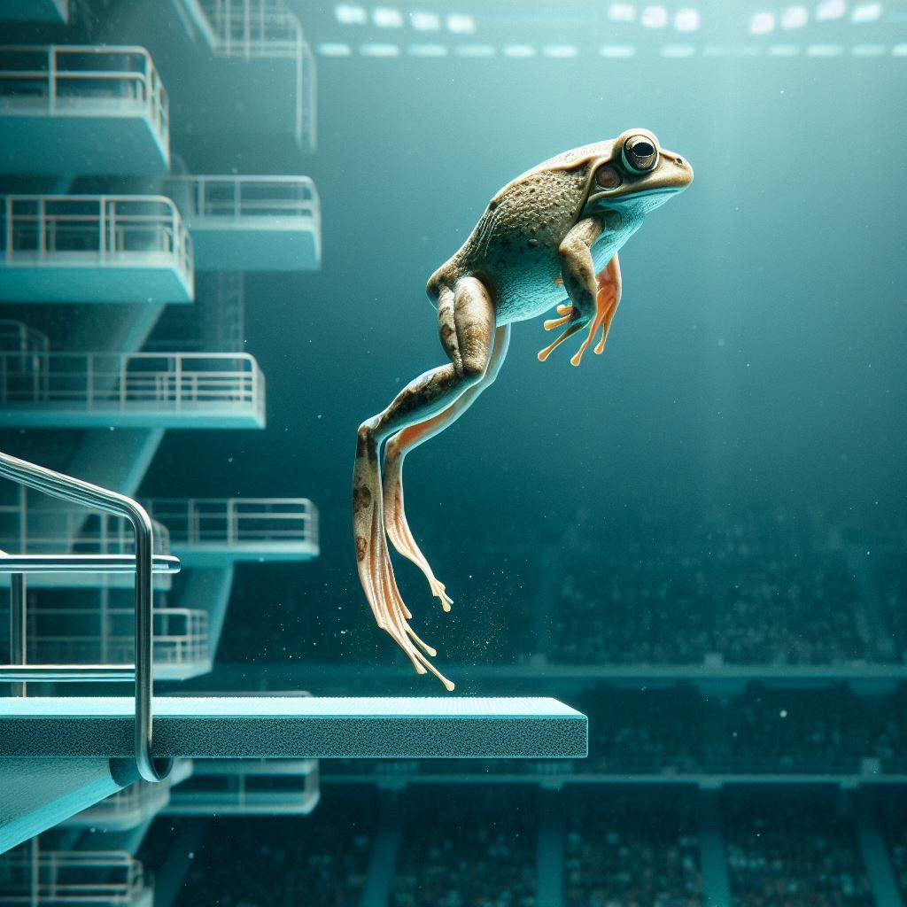 Frog jumping off olympic diving board