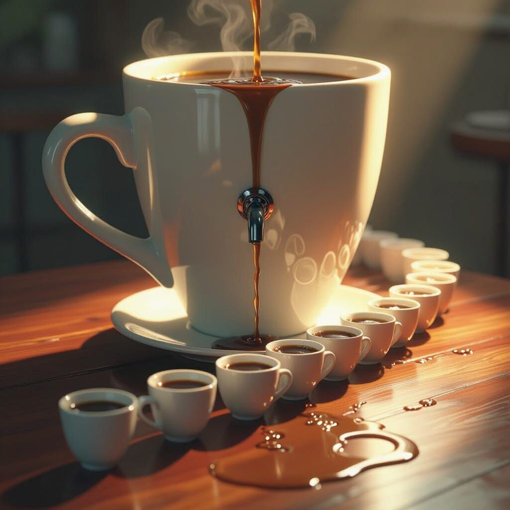 Giant Coffee Cup Dispensing Into Small Cups